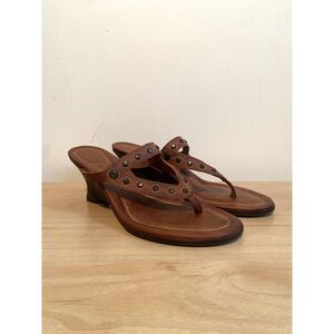 Frye Brown Leather Studded Thong Wedge Sandals Women's Size 7.5B